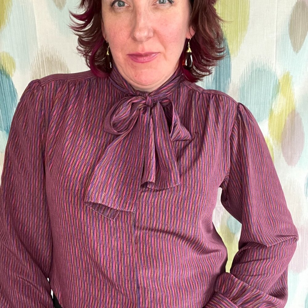 Lilly Ann striped Volup blouse w/bow at neck designer poly top Plus Bust 42”